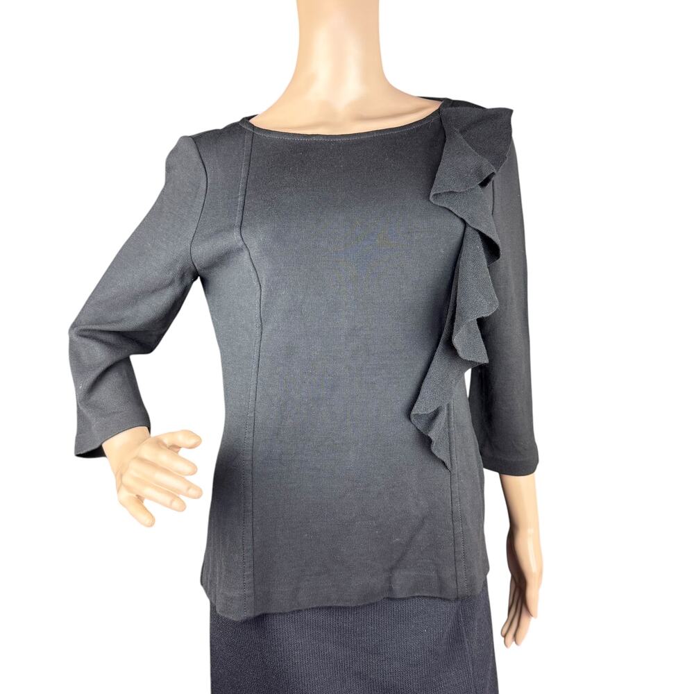 St. John Size 8 Black Ruffled Milano Knit Boat Neck Sweater Top
